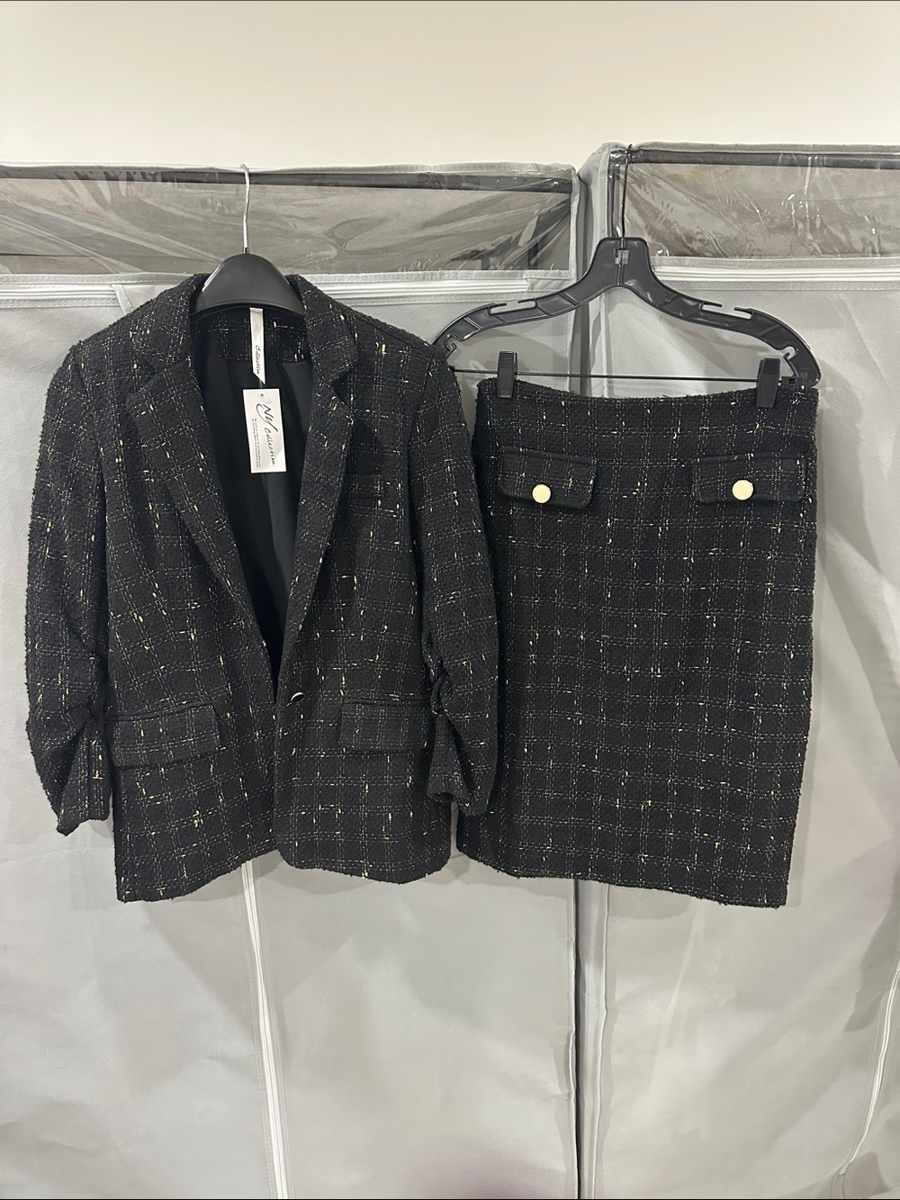 NY Collection Black Tweed Blazer and Skirt Set with Gold Thread